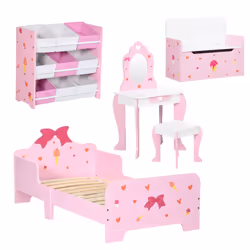 ZONEKIZ 5PCs Kids Furniture Set W/ Bed Toy Box Vanity Table Storage Unit, Pink
