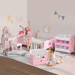 ZONEKIZ 5PCs Kids Furniture Set W/ Bed Toy Box Vanity Table Storage Unit, Pink