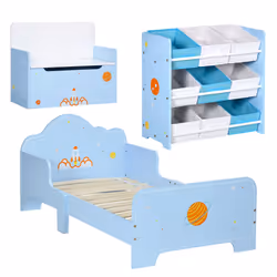 ZONEKIZ 3PCs Kids Bedroom Furniture Set W/ Bed Toy Box Storage Unit, Space, Blue