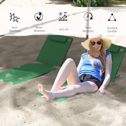 Outsunny 2 Pieces Outdoor Beach Mat Steel Reclining Chair Set w/ Pillow Green