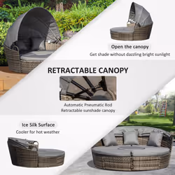 Outsunny 5 PCs Cushioned Outdoor Plastic Rattan Round Sofa Bed Table Set Grey