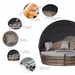 Outsunny 5 PCs Cushioned Outdoor Plastic Rattan Round Sofa Bed Table Set Grey - Additional view 5