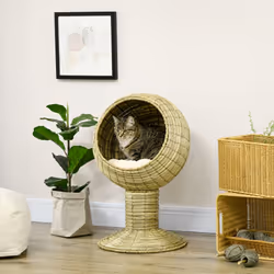PawHut Raised Cat House, Natural Mat Grass Cat Bed w/ Stand Cushion, Î¦41x 69 cm