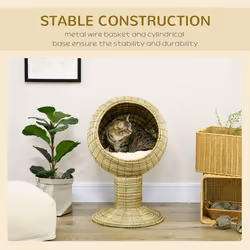 PawHut Raised Cat House, Natural Mat Grass Cat Bed w/ Stand Cushion, Î¦41x 69 cm