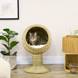 PawHut Raised Cat House, Natural Mat Grass Cat Bed w/ Stand Cushion, Î¦41x 69 cm - Additional view 6