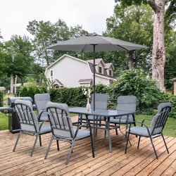 Outsunny 7 PCs Garden Dining Set w/ Umbrella Hole & Cushion, Grey