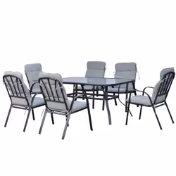 Outsunny 7 PCs Garden Dining Set w/ Umbrella Hole & Cushion, Grey - Additional view 4