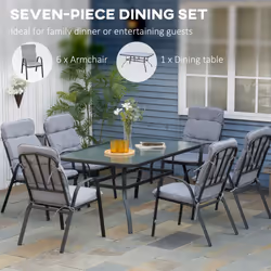 Outsunny 7 PCs Garden Dining Set w/ Umbrella Hole & Cushion, Grey - Additional view 7