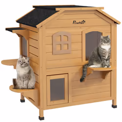 PawHut Wooden Cat House Cat Cave Pet Shelter Condos Outdoor Natural Wood Finish