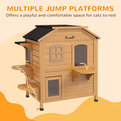 PawHut Wooden Cat House Cat Cave Pet Shelter Condos Outdoor Natural Wood Finish - Additional view 4