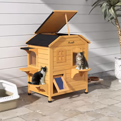 PawHut Wooden Cat House Cat Cave Pet Shelter Condos Outdoor Natural Wood Finish - Additional view 8