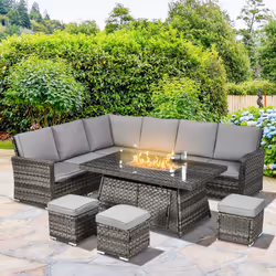 Outsunny 7 Pieces Rattan Garden Furniture Set w/ 50,000 BTU Fire Pit Table