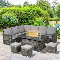 Outsunny 7 Pieces Rattan Garden Furniture Set w/ 50,000 BTU Fire Pit Table