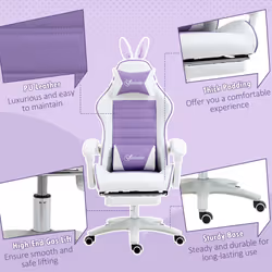 Vinsetto Racing Style Gaming Chair with Footrest Removable Rabbit Ears, Purple - Additional view 6