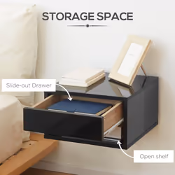 HOMCOM Floating Bedside Table Set of 2 Wall Mounted Nightstand W/ Drawer Black - Additional view 4