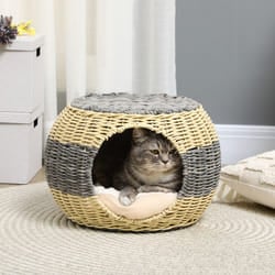 PawHut Wicker Cat House, Rattan Raised Cat Bed w/ Soft Cushion, Î¦40 x 30cm