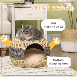 PawHut Wicker Cat House, Rattan Raised Cat Bed w/ Soft Cushion, Î¦40 x 30cm