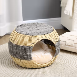 PawHut Wicker Cat House, Rattan Raised Cat Bed w/ Soft Cushion, Î¦40 x 30cm - Additional view 5