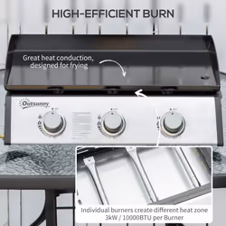 Outsunny Portable Gas Plancha BBQ Grill with 3 Stainless Steel Burner, 9kw