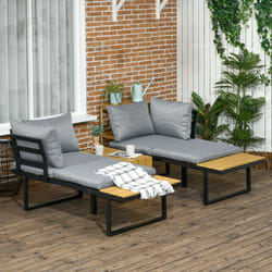 Outsunny 3PCs Patio Furniture Set w/ Cushions, Wood Grain Plastic Top Table