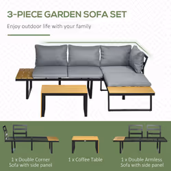 Outsunny 3PCs Patio Furniture Set w/ Cushions, Wood Grain Plastic Top Table