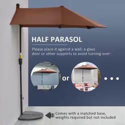 Outsunny 2m Half Garden Parasol Market Umbrella w/ Crank Handle, Base Coffee