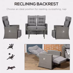 Outsunny 4 Piece Rattan Garden Furniture Set with Sofa, Glass Table, Grey - Additional view 4