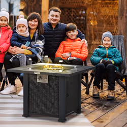 Outsunny Rattan Fire Pit Table with Rain Cover and Windscreen, 50,000 BTU
