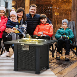 Outsunny Rattan Fire Pit Table with Rain Cover and Windscreen, 50,000 BTU