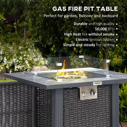 Outsunny Rattan Fire Pit Table with Rain Cover and Windscreen, 50,000 BTU