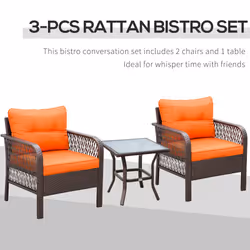 Outsunny 3 Pieces Rattan Bistro Set with Tempered Glass Table Orange