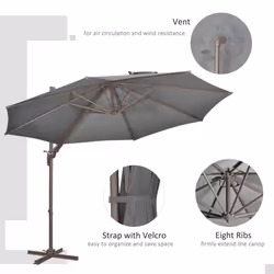 Outsunny 3(m) Cantilever Parasol 360-Degree Rotation Roma Umbrella Grey - Additional view 4