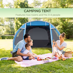 Outsunny 3-4 Persons Tunnel Tent, Two Room Camping Tent w/ Windows, Blue