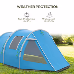 Outsunny 3-4 Persons Tunnel Tent, Two Room Camping Tent w/ Windows, Blue