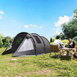 Outsunny 3-4 Persons Tunnel Tent, Two Room Camping Tent w/ Windows, Black