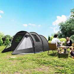 Outsunny 3-4 Persons Tunnel Tent, Two Room Camping Tent w/ Windows, Black