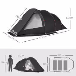 Outsunny 3-4 Persons Tunnel Tent, Two Room Camping Tent w/ Windows, Black