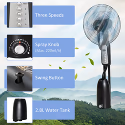 HOMCOM Pedestal Fan with Water Mist Spray Standing Fan w/ 2.8L Water Tank Black