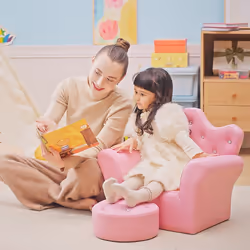 HOMCOM Kids Sofa Set, 2PCs Crown-Themed Child Armchair with Ottoman, Pink
