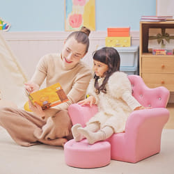 HOMCOM Kids Sofa Set, 2PCs Crown-Themed Child Armchair with Ottoman, Pink