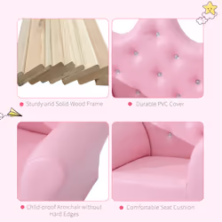 HOMCOM Kids Sofa Set, 2PCs Crown-Themed Child Armchair with Ottoman, Pink