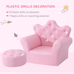HOMCOM Kids Sofa Set, 2PCs Crown-Themed Child Armchair with Ottoman, Pink
