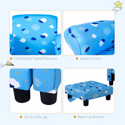 HOMCOM Kids Armchair Toddler Sofa Seat Set with Footrest Padding Couch Blue