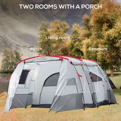Outsunny 6-8 Person Tunnel Tent, Two-room Camping Tent with Carry Bag, Grey