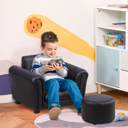 HOMCOM Kids Sofa Set, 2 Piece Children Armchair with Stool Nursery Black