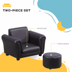 HOMCOM Kids Sofa Set, 2 Piece Children Armchair with Stool Nursery Black