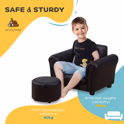 HOMCOM Kids Sofa Set, 2 Piece Children Armchair with Stool Nursery Black