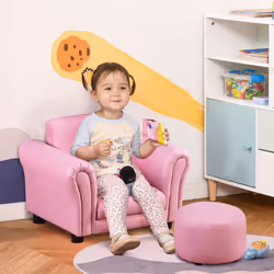 HOMCOM Kids Sofa Set, 2 Piece Children Armchair with Stool Nursery Pink