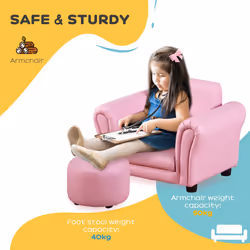 HOMCOM Kids Sofa Set, 2 Piece Children Armchair with Stool Nursery Pink