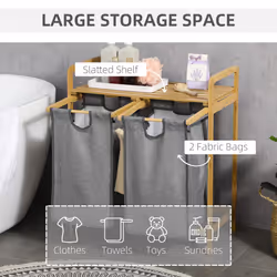 HOMCOM Bamboo Laundry Basket with Shelf Pull-out Bags for Bedroom Laundry Room